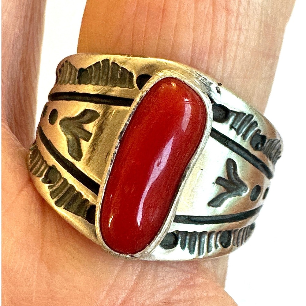 Navajo Red Coral Band Sz 8 Ring Signed Francis Sterling Native Amer USA